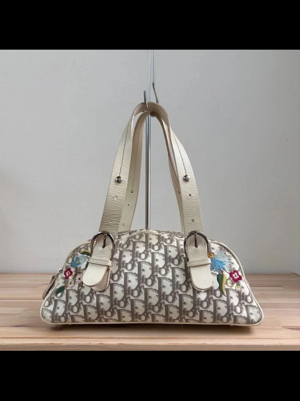 Dior Beige Monogram Embroidered Floral Shoulder Bag